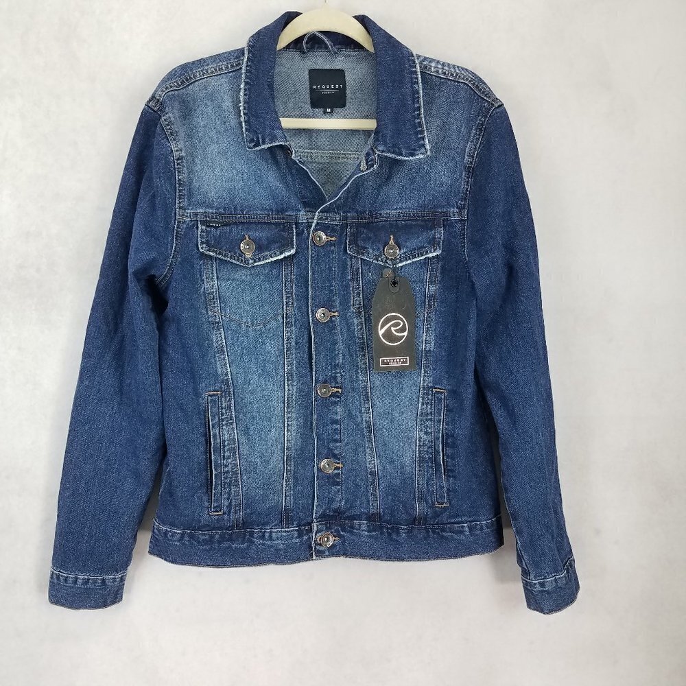 NWT Request Premium Denim Jean Jacket Distressed Western Biker Grunge Blue Men M